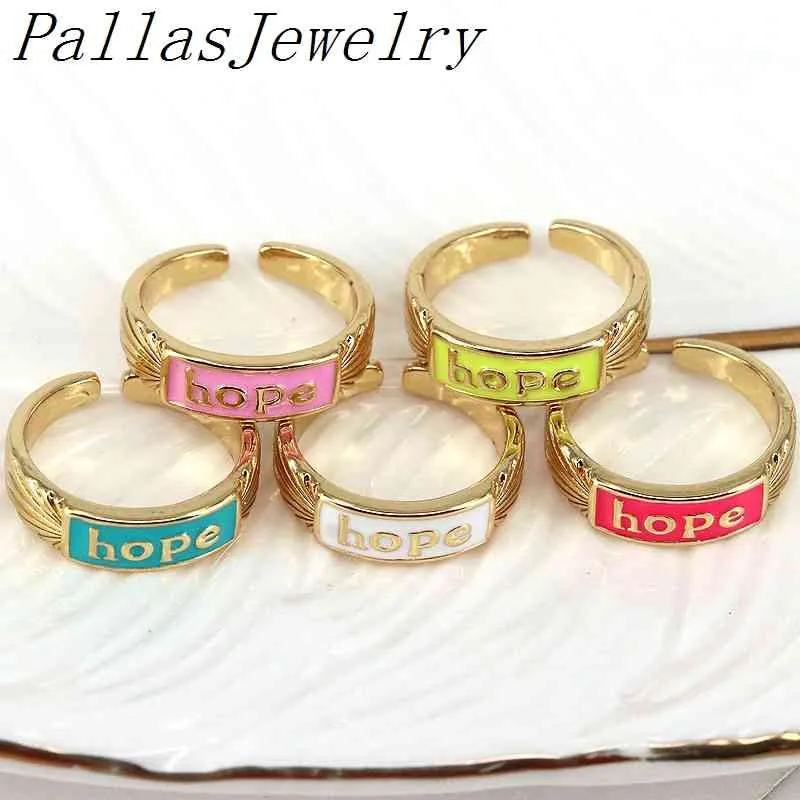 10Pcs 2021 Sweet Colorful Enamel Hope Ring For Women Girls Fashion Open Adjustable Jewelry Party Gift