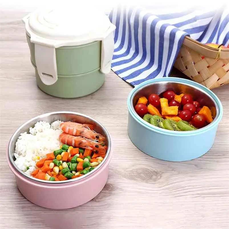 3layers Stainless Steel Lunch Box Food Heating Container Thermal With Compartment Bento For Kids 210423