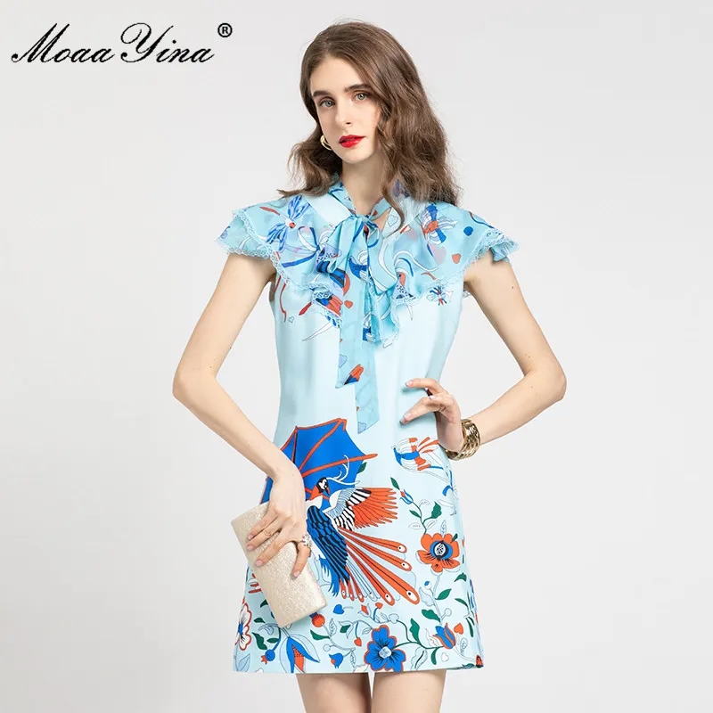 Verano elegante azul floral vestido corto mujer mariposa manga volante estampado animal fiesta vintage mini vestidos 210524