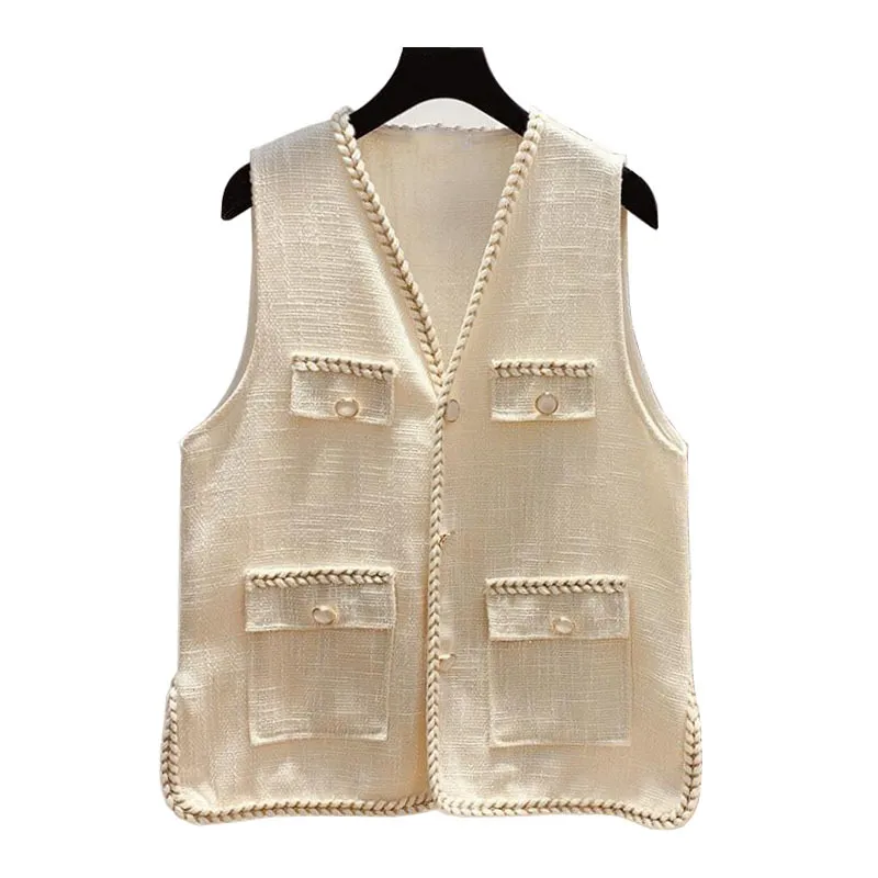 Women Vest Tweed Pocket Loose Button Highstreet C0120 210514