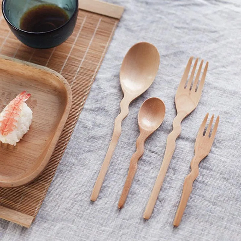 Simple Creative Tableware Solid Natural Wood Crank Bearing Wooden Spoon Fork Suit Dinnerware Sets