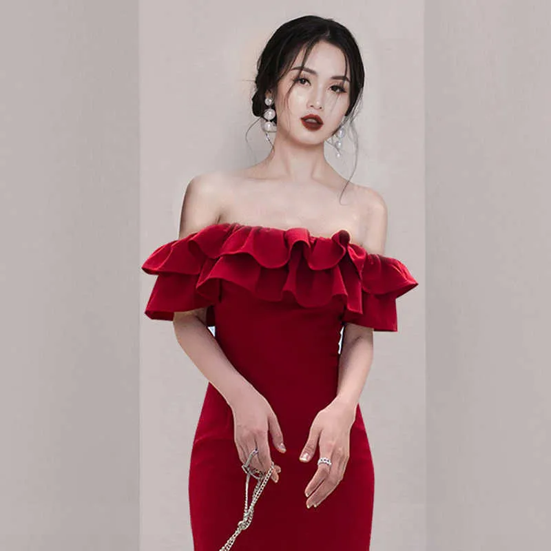 open lace back dress Red [Bright Stars] Off Shoulder Ruffle Bowknot Asymmetric Sweet Elega   LolitaInside