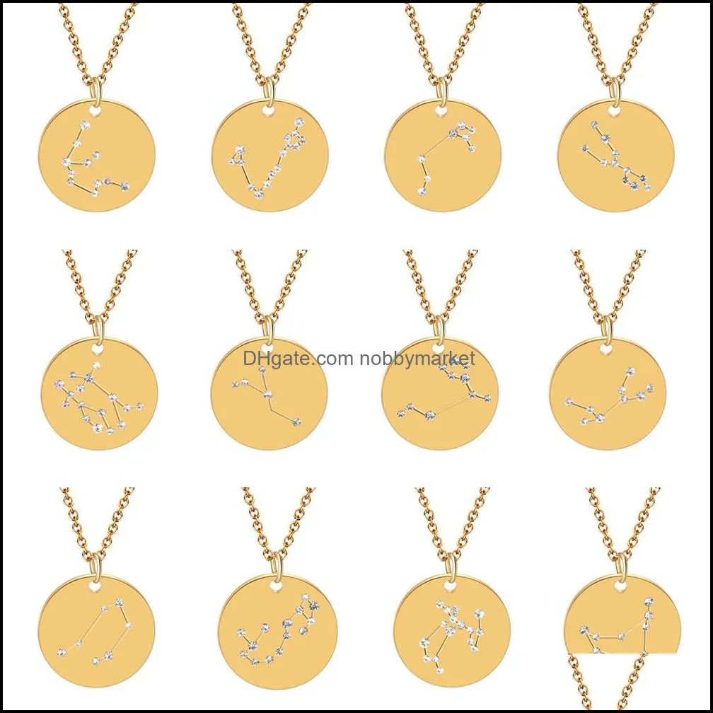 12 Zodiac Sign necklaces For Women Men Personalized crystal Constellations stainless steel Coin pendant Gold chains Fashion Jewelry