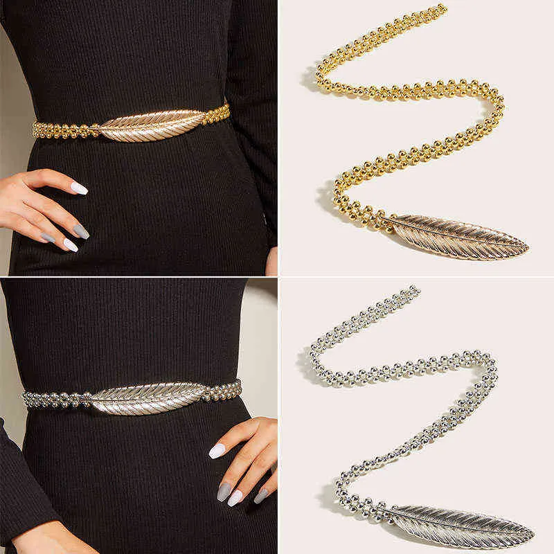 Silver Gold Metal Elasticity Women's Belt Leaf Buckle Decorative Thin Waist Belt Summer Simple Solid Color Fashion Waist Chain G220301