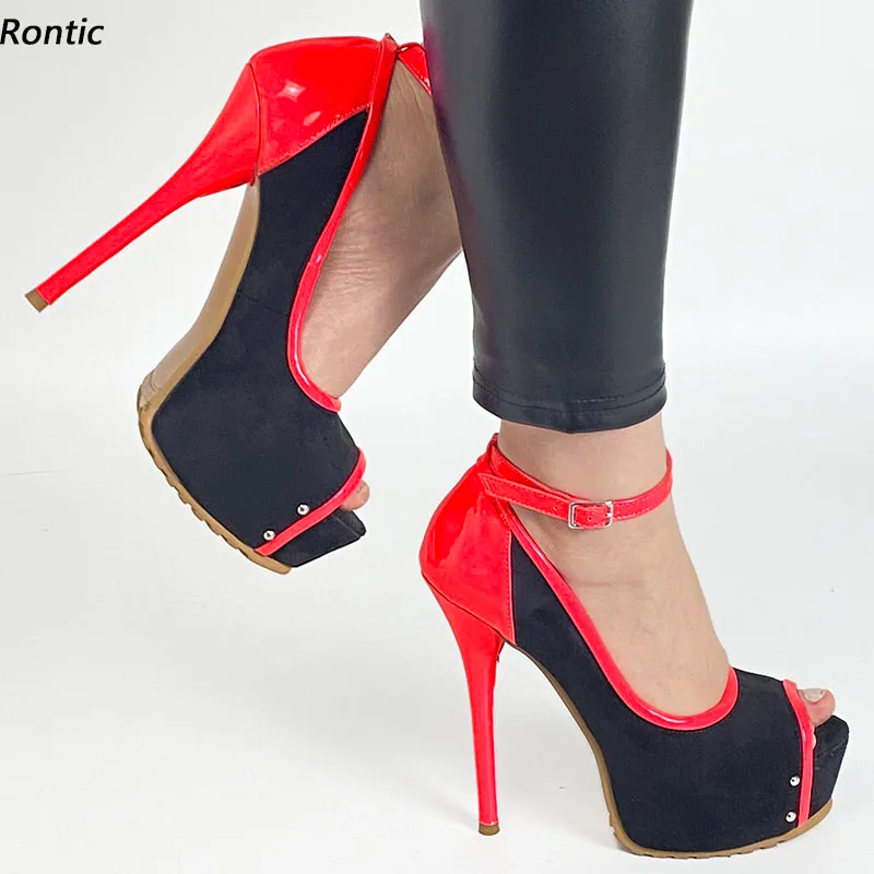 Rontic Women Platform Pumps Faux Suede Ankle Strap Sexy Stiletto Heels Peep Toe Gorgeous Red Pink White Party Shoes US Size 5-20