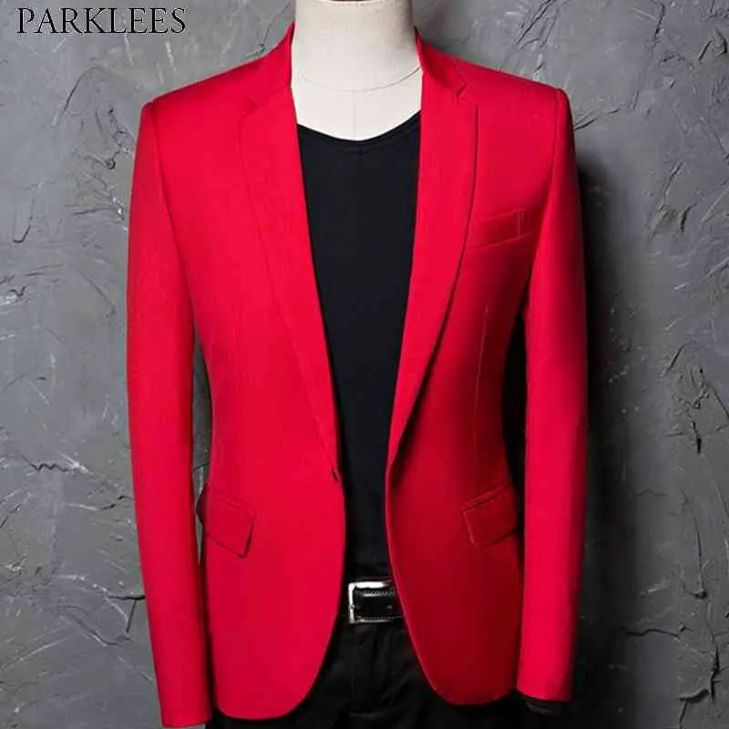 Red One Button Slim Fit Blazer Jacket Maen Brand Notched Lapel Męskie Garnitur Blazer Casual Party Groom Wedding Blazer Hombre 44 210522