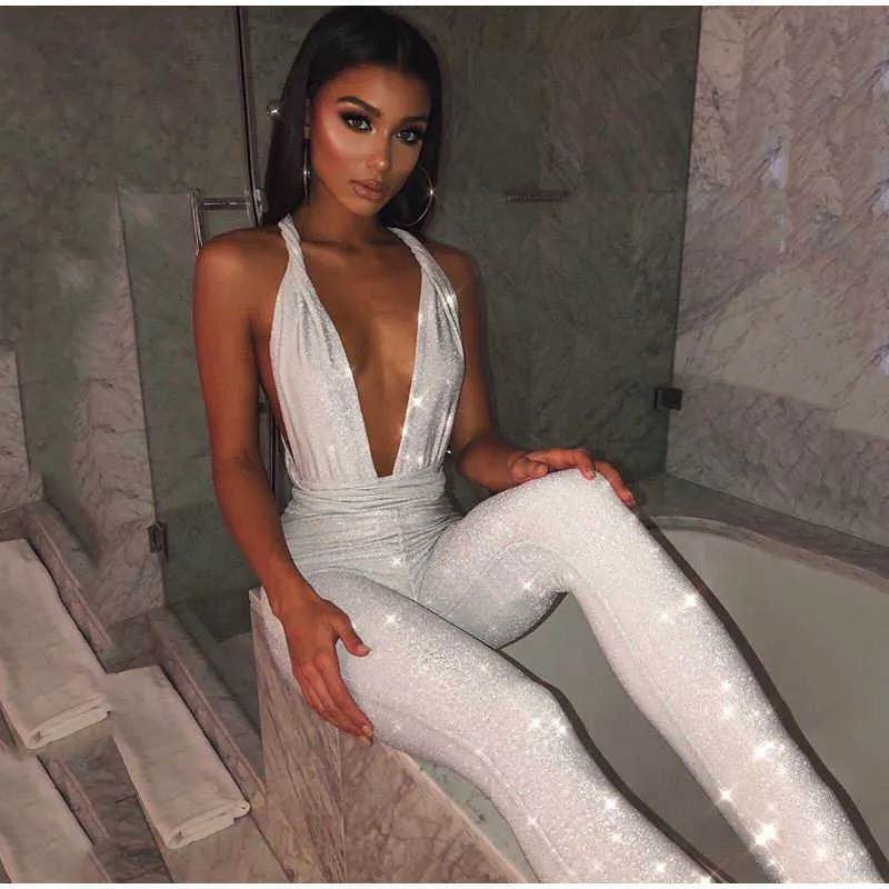 Sexy Sequin Glitter Dames Party Jumpsuits Diepe V-hals Holle Bodycon Vrouwelijke Avond 2021 Backless Overalls Jumpsuits Lady Y0625