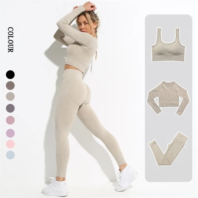 Gym Clothing Seamless Leggings Women Yoga Set Workout Clothes Female Athletic Wear Fitness Bra Long Sleeve Crop Top Sport Suit 210813