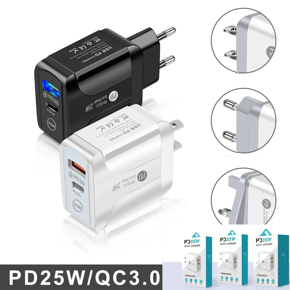 Type-C 25w PD and QC 3.0 Fast Wall CellPhone Charger US EU UK Plug for IPhone Xiaomi Huawei Mobile Phone with box