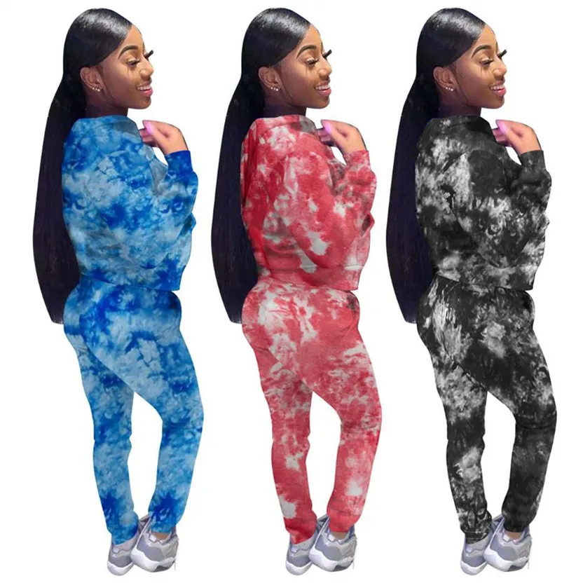 Novos ternos de corrida femininos tie dye fatos de treino outono inverno roupas de manga longa com capuz jaqueta superior + calças de suor conjunto de duas peças plus size casual preto sweatsuits 5994