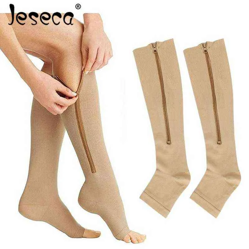 Jeseca Nouvelles Femmes Bas Sous-Vêtements De Compression Bouts Ouverts Avec Fermeture À Glissière Varices Pression Circulation Genou Haut Long Sox Y1119