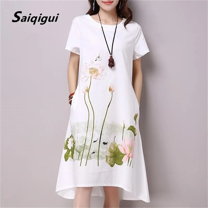 Saiqigui Robe d'été plus taille à manches blanches à manches blanches blancs décontractés en coton de lin imprime ô