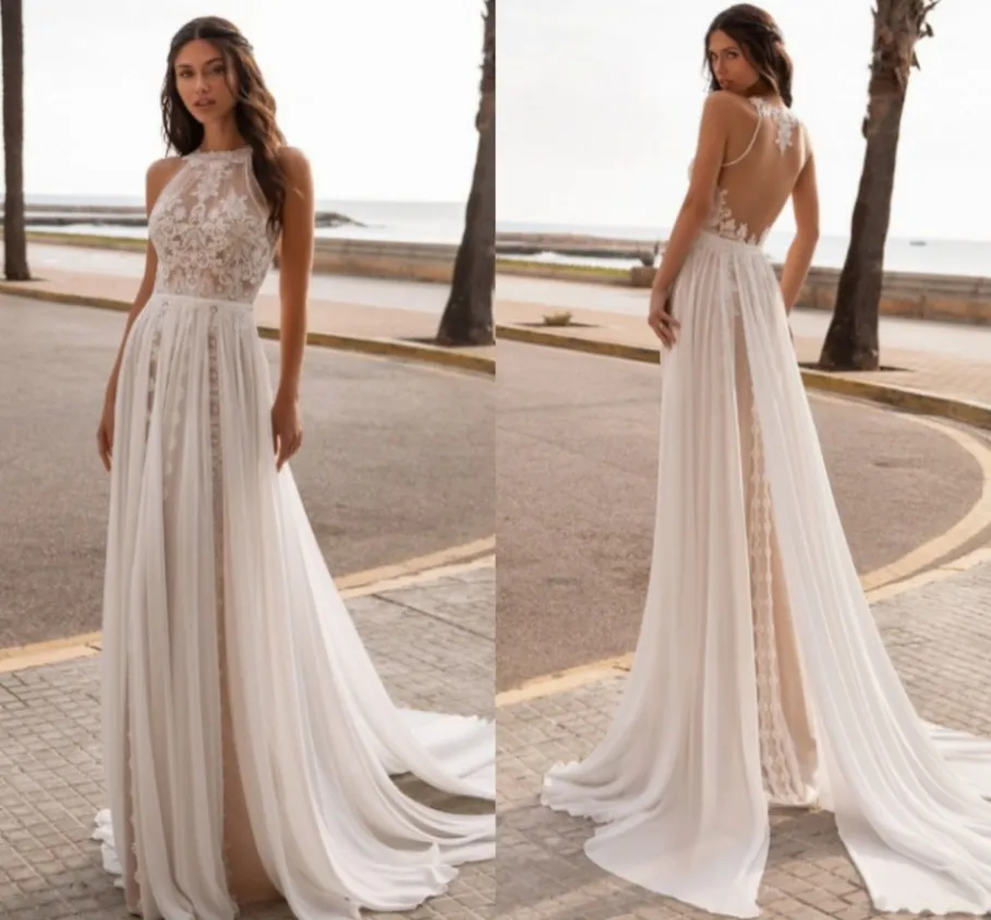 Abito da sposa bohémien 2022 Abito da sposa senza maniche vintage senza schienale Sweep Train Splendida lunghezza del pavimento Robe De Mariee Schienale basso Affascinante