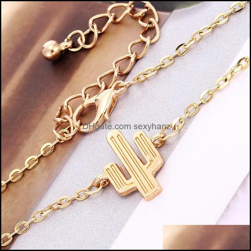 4pcs/set Gold Chain Arrow Bracelet Love Letter Charm Cactus Bracelet Knot Cuff Bangle Bracelet Jewelry Gifts