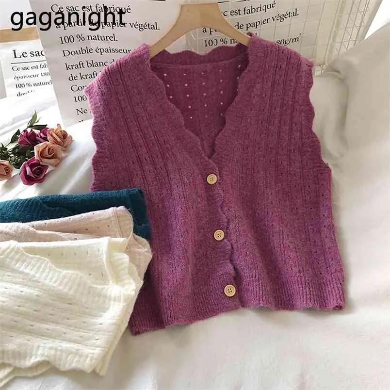 Preppy Sweat Vest V-neck Solid Wave Cut Sweater Fall Fashion Korean School Style Tops Tank Camis 210601