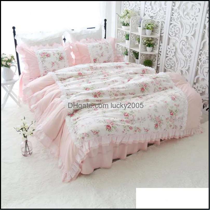 100%Cotton Blossom Pink Flower Ruffled Patchwork Duvet Cover Bedskirt Princess Style Queen King Twin size Girls Bedding sets