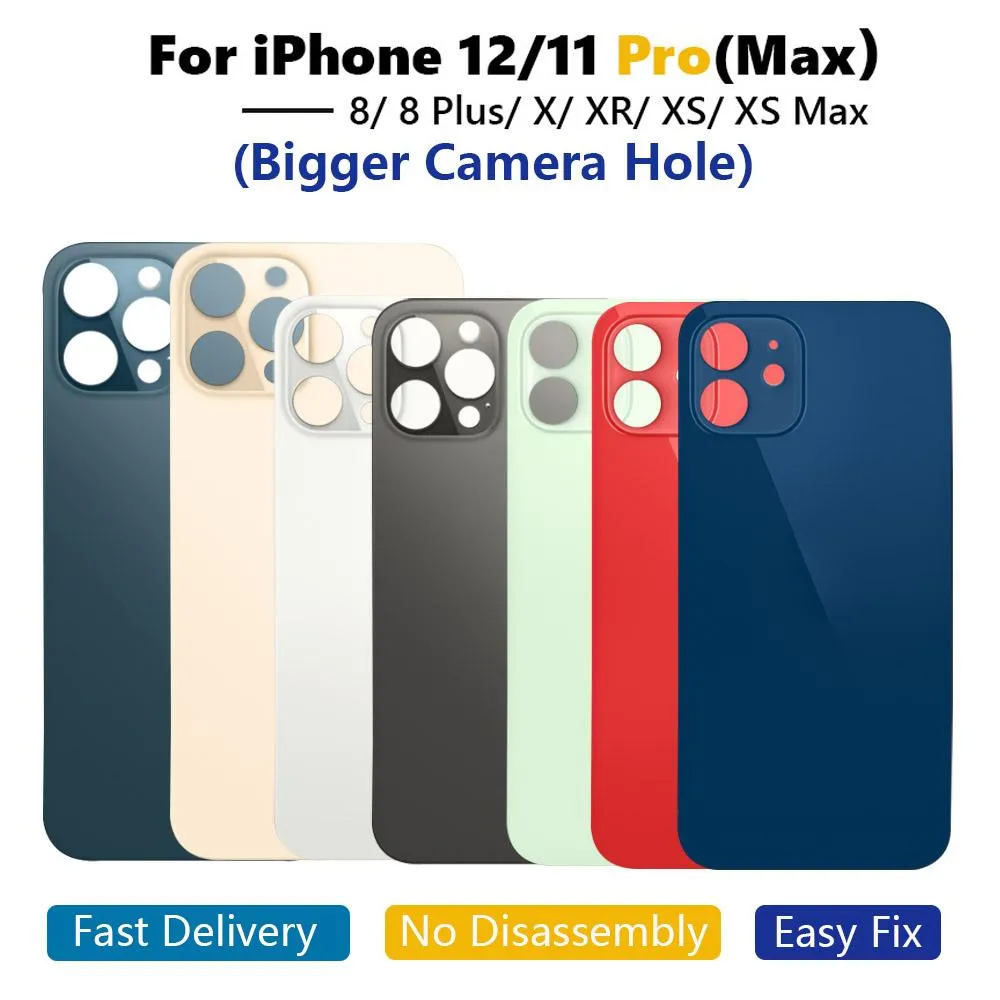 iPhone 12 11 8 Plus x XS 최대 배터리 유리 하우징 교체 백 커버 스티커와 큰 구멍 카메라