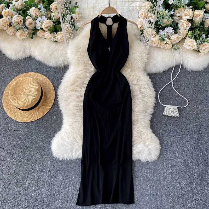 Sexy Halter Bez Rękawów Czarna Długa Sukienka Kobiety Eleganckie Open Back High Waist Slim Party Vestidos Kobieta Casual Fashion Robe Nowy Y0603