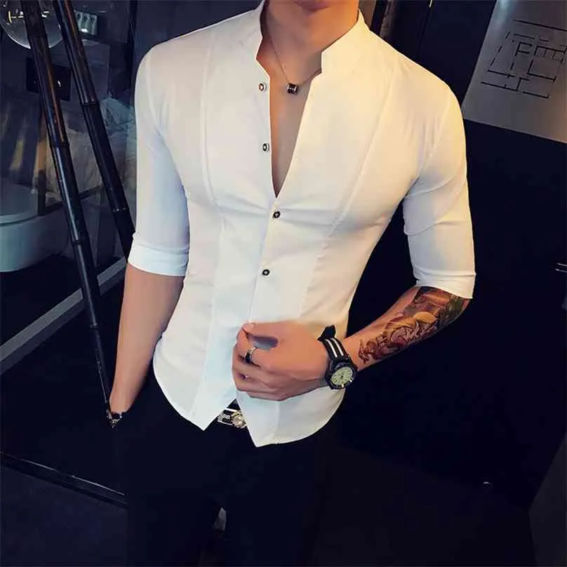 Stehkragen Chinesischen Stil Hemd Männer Slim Fit Korea Kleidung Halbe Hülse Sommer Designer Club Camisa Masculina 210626