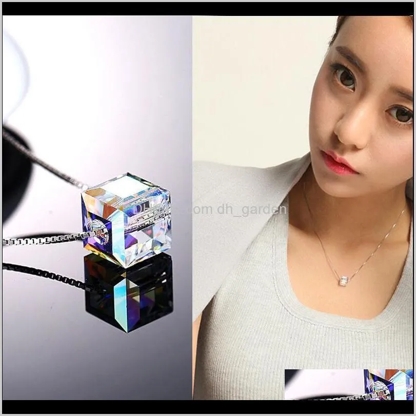 Colorful Cube Square Crystal Pendant Necklace Silver Color Jewelry Box Cube Rhinestones Choker Statement Necklace Cute Necklace