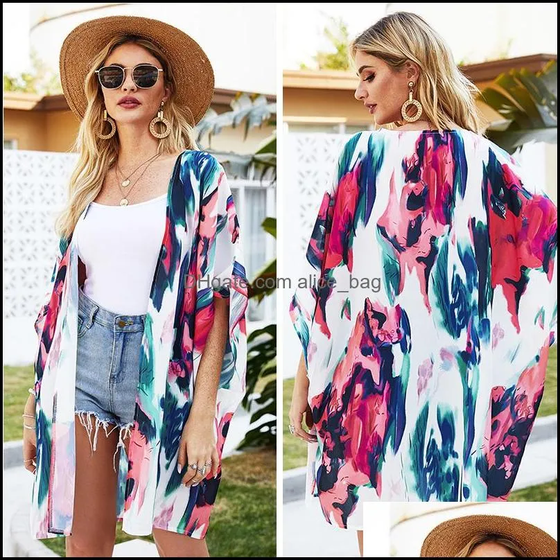 Cover-ups 2021 Summer Women Kimono Cardigan Open Front Half Sleeves Contrast Color Oversized Bohemian Holiday Bikini Cover Ups