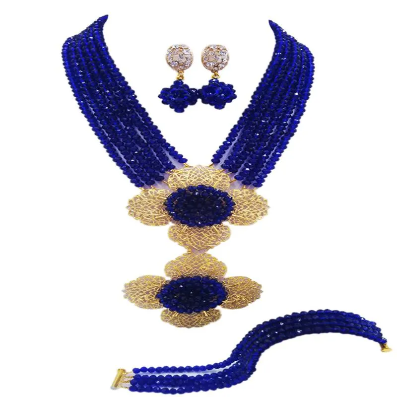 Oorbellen Ketting Prachtige Royal Blue Nigeriaanse Afrikaanse kralen Sieraden Set Dubai Bruiloft Groothandel Prijs Crystal 6C-2DH008