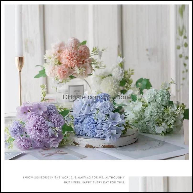 1pc 5 Heads Hydrangea Flower Wedding Bride Colorful Artificial Bouquet Peony Silk Flowers Table Holding Ball Home Decoratio E8G1