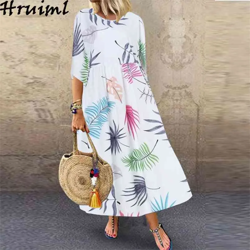 O-Neck Dress Abito a mezza manica Stampa floreale in vita alta donna Plus Size Casual Long Beach Style Party Party Ladies Summer 210513