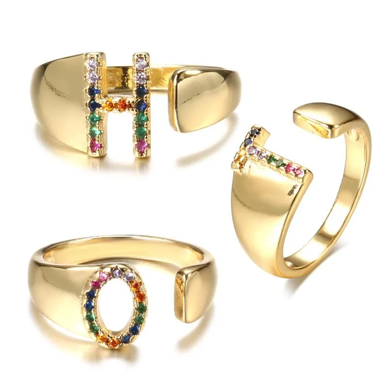 Cluster Ringe Einstellbare Initial Ring Für Frauen Böhmischen Regenbogen Zirkon Gold Farbe Buchstabe Name Finger Herren Zubehör Schmuck KBR034