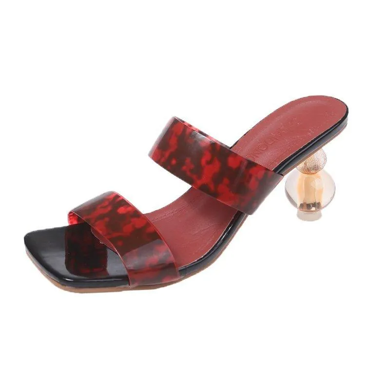 Tofflor PVC Transparent Band Square Open Toe Lady Pump Shoes Mules Clear Crystal Glass Heel Slides Storlek 35-42