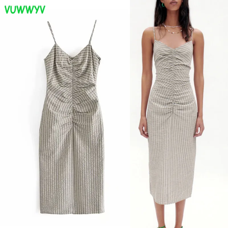 Striped Dresses Women Grey Strap Backless Midi Dress Woman Summer Cottagecore Ruched Evening Party Ladies Retro 210430