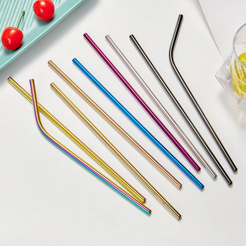 6*215mm Stainless Steel Drinking Straws Reusable Colorful Metal Straw Cleaning Brush for Kitchen Party Wedding Bar Use