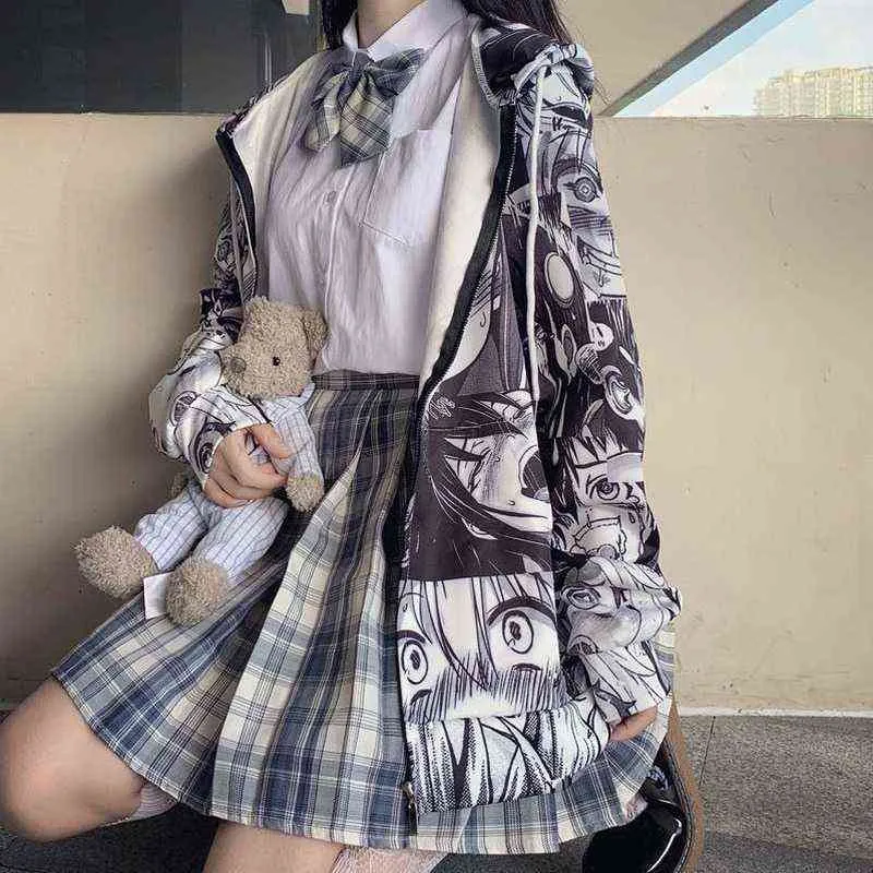 Fashion-QWEEK Felpa con cappuccio Anime giapponese Harajuku Hentai Zip Up Fashion Streetwear Felpe Kawaii da donna Top manica lunga coreana