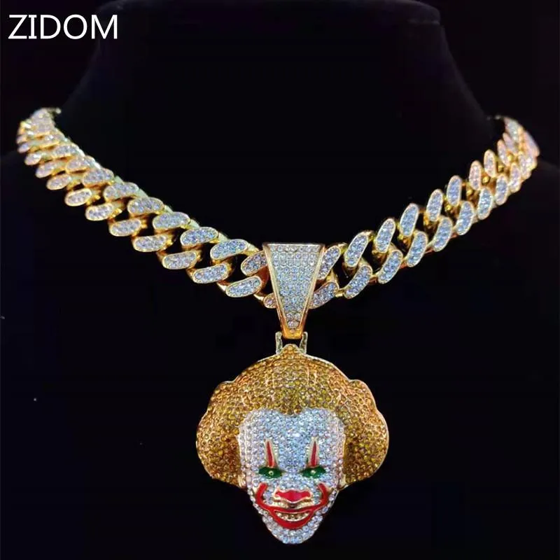 Men Women Hip Hop Movie Clown Pendant Necklace With 13mm Miami Cuban Chain Iced Out Bling HipHop Necklaces Male Charm Jewelry