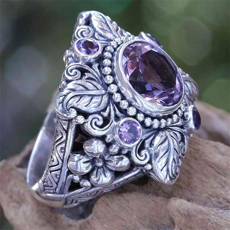 Hecheng nieuwe luxe amethist ring 925 Thaise zilveren boom blad bloemring