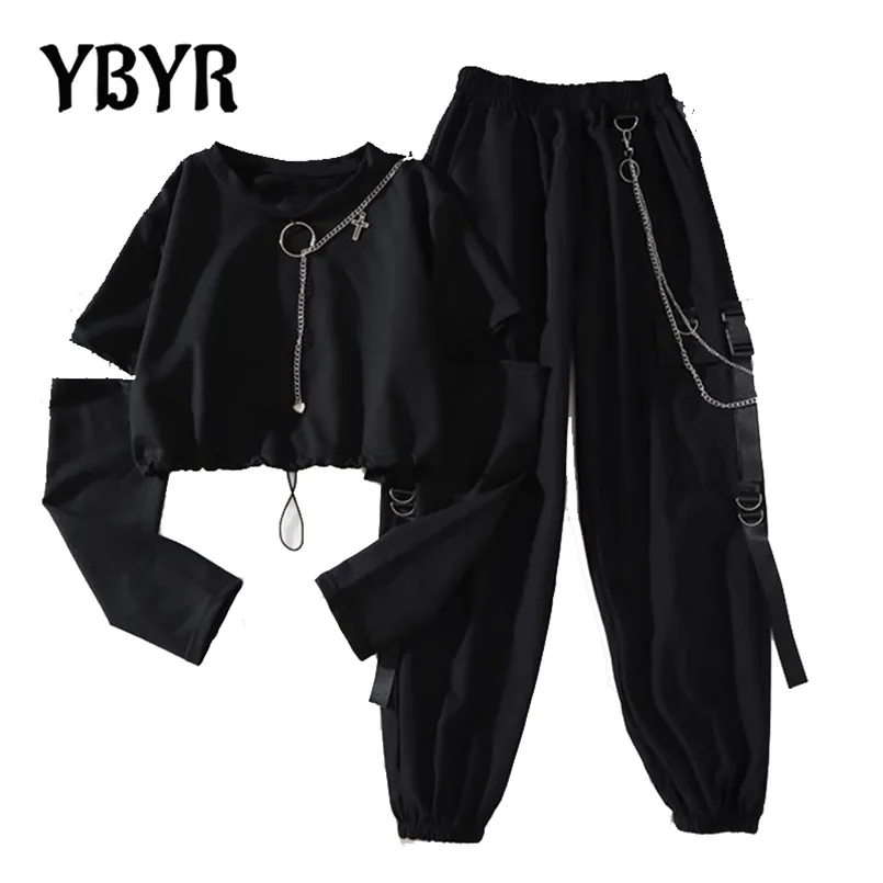 YBYR femmes Harajuku Cargo pantalon mode décontracté deux pièces costume chaîne à manches longues + ruban hommes Punk élastiques taille pantalon 220311