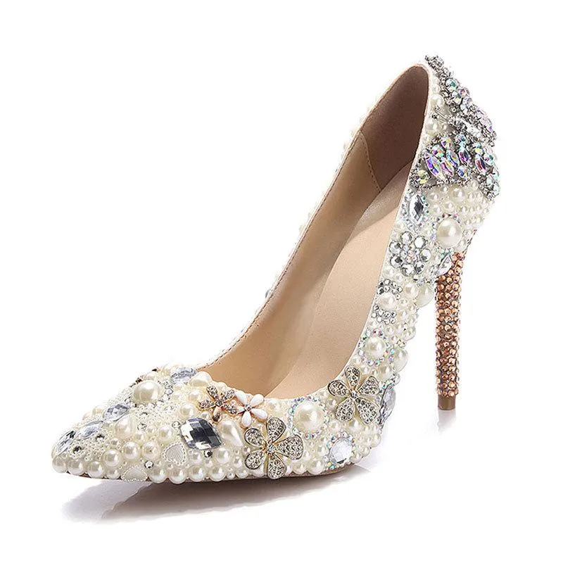 Scarpe da sposa Diamante colorato Perla Farfalla Punta a punta Singolo per spose Tacchi sottili Pompe di cristallo Abito fatto a mano