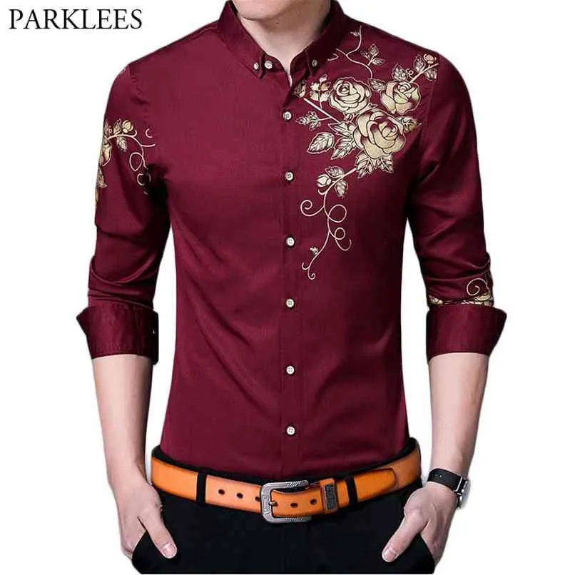 Marque Vin Rouge Hommes Robe Chemises Mode Golden Rose Fleur Imprimer Bouton Chemise Hommes Slim Fit À Manches Longues Chemise Homme 210809