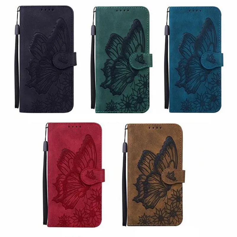 Intryck Butterfly Flower Vintage Leather Plånbok Fall för Samsung S23 Fe Ultra A04 A23E A14 5G A32 S21 Plus A25 A24 Note 20 Ultra A12 Holder Flip Cover Pouch Purse Purse