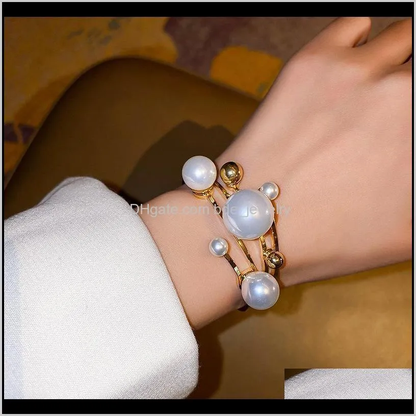 minar elegant oversize simulated pearl cuff bangles for women gold color metal layered hollow irregular charm bangle accessories
