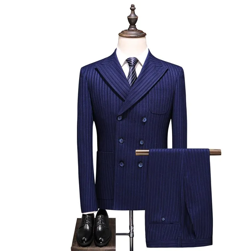 Erkek Takım Elbise Blazers (Ceket + Yelek + Pantolon) Koyu Mavi Takım 3 Adet Set Çift Göğüslü Resmi Kıyafet İş Toplantısı Düğün Erkekler Için