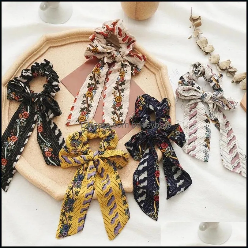 Porta code di cavallo Gioielli Gioielli Stile coreano Nastro floreale Donna Bowknot Cravatte floreali Scrunchies Ragazze Fascia elastica per capelli Capelli Aessories Drop