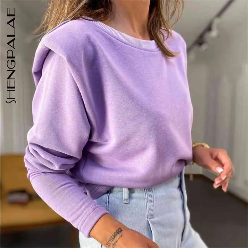 Höst Vinter Kvinnors Solid Färg Oversize Långärmad Shoulder Pad Plush Top Fashion Sweatshirt Trend 5A396 210427