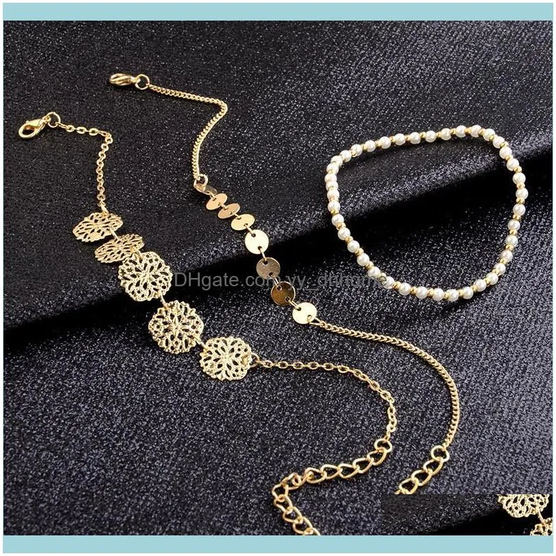 Link, Chain Modyle Imitation Pearl Bracelets & Bangles Adjustable Gold Color Flower Bracelet Set For Women