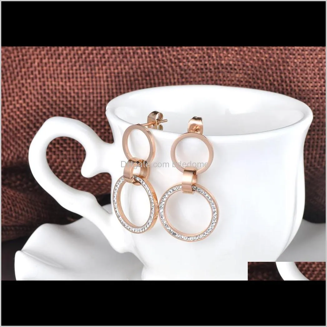 fashion double circle stainless steel stud earrings rose gold handmade clay white crystals ear jewelry for women je19010