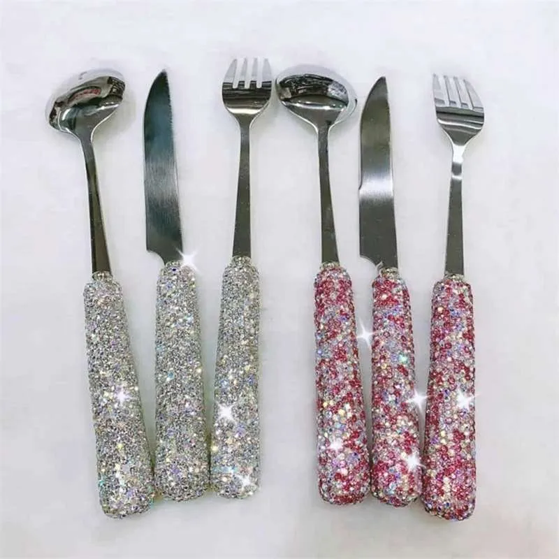 3 pièces Ensembles Bling S Coutellerie Steak Ménagère Acier inoxydable Diamant Couteau Fourche Cuisine Cuisine Dîner Dîner Vaisselle 210928