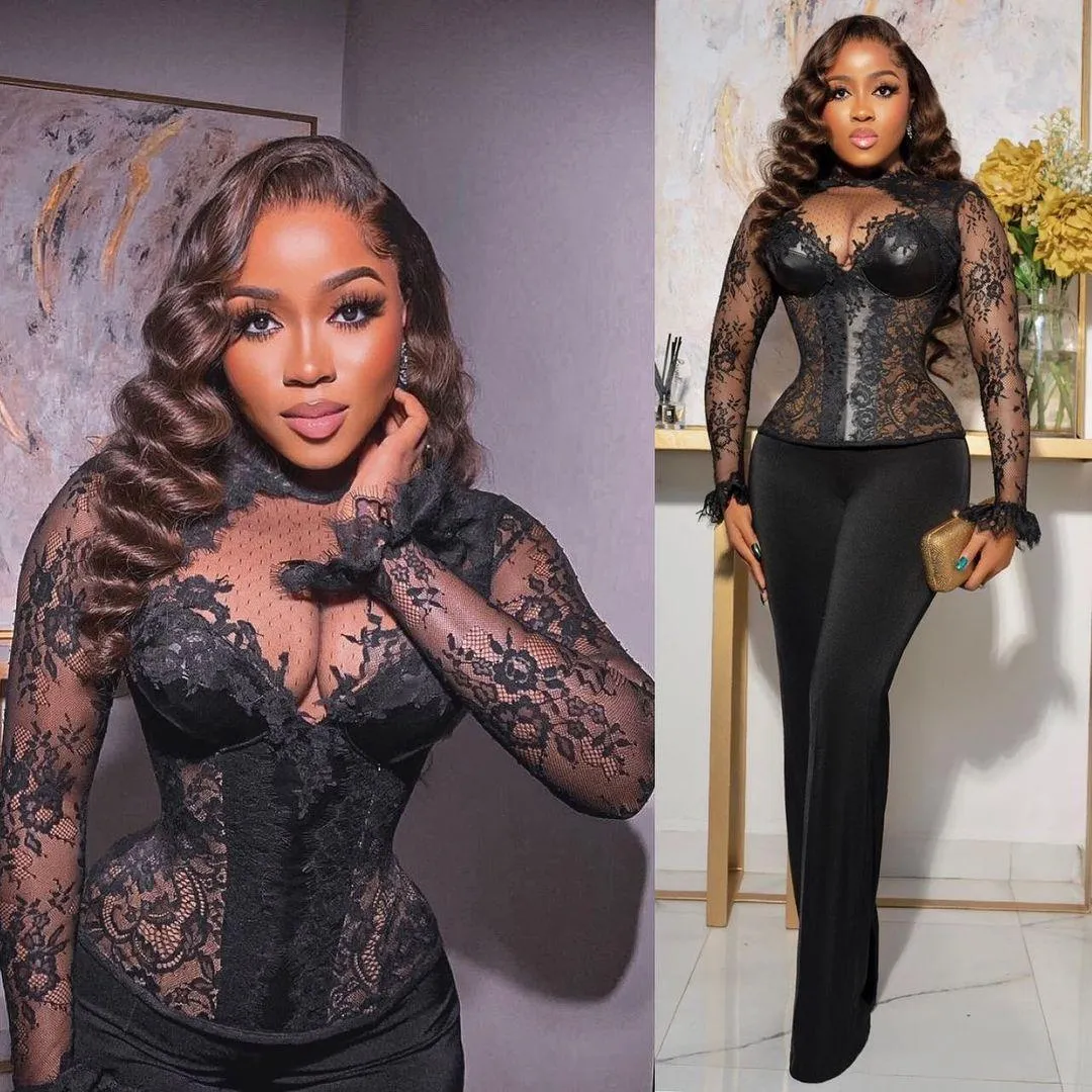 Arabisch ASO EBI Black Sexy Kant Jumpsuits Prom Jurken Lange Mouwen Plus Size Lace-Up Corset Top Avond Engagement Pant Past