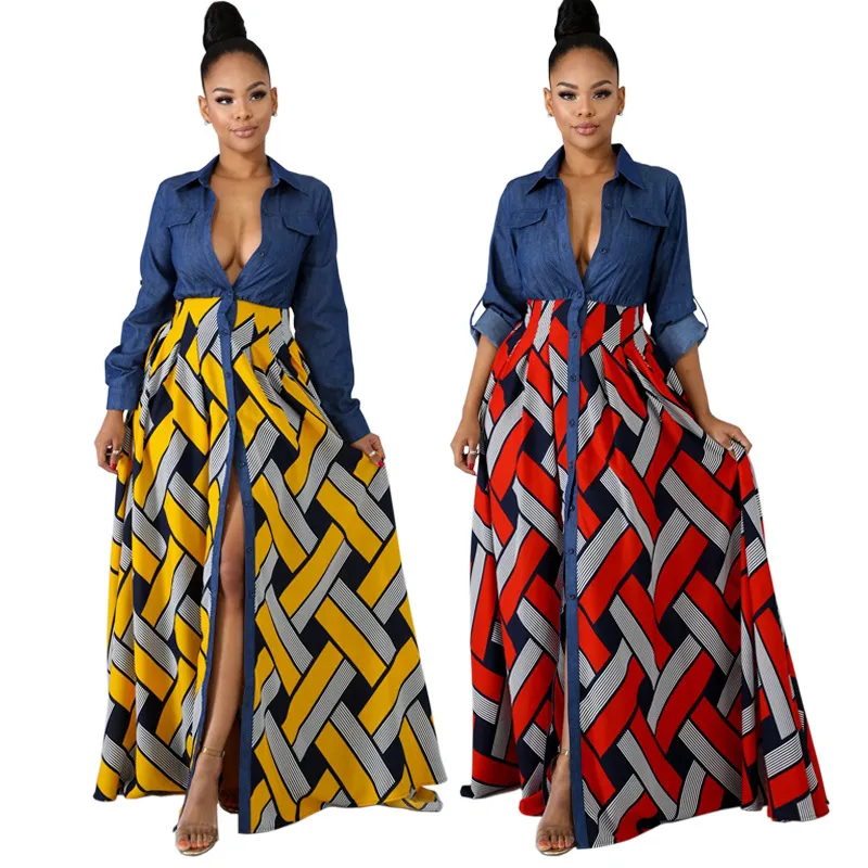 Herbst Frauen Kleid Afrikanische Mode Druck Lange Elegante Plus Größe Maxi Vestidos High Street