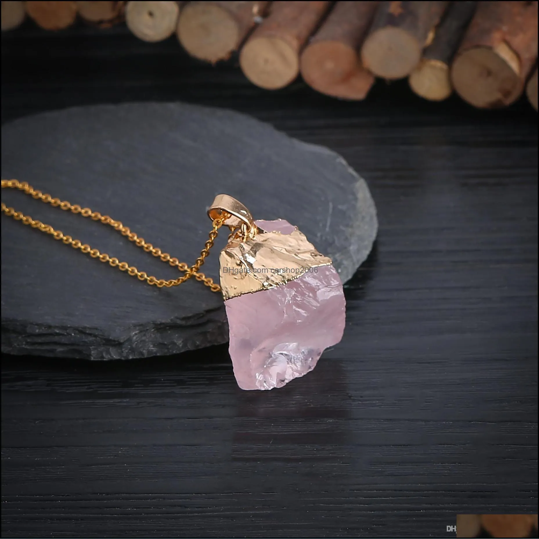 Pendant silver accessories natural irregular shape gemstone rose quartz healing crystal necklace unshaped amethyst ore