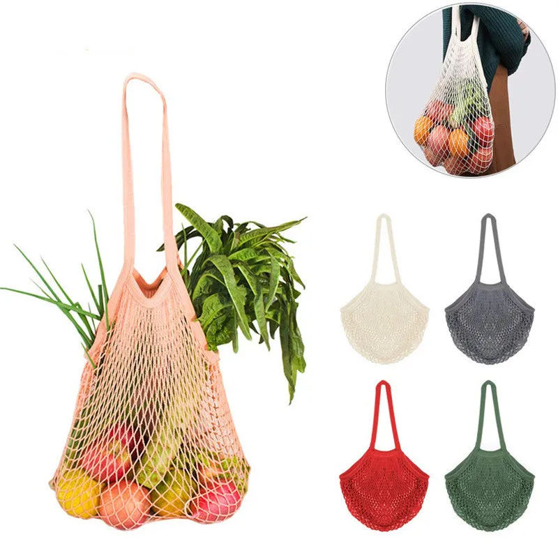 Återanvändbara livsmedelsbutikväskor frukt Vegetabilisk handväska Tvättbar bomullsnät Sträng Organisk handväska Kort handtag Net Tote
